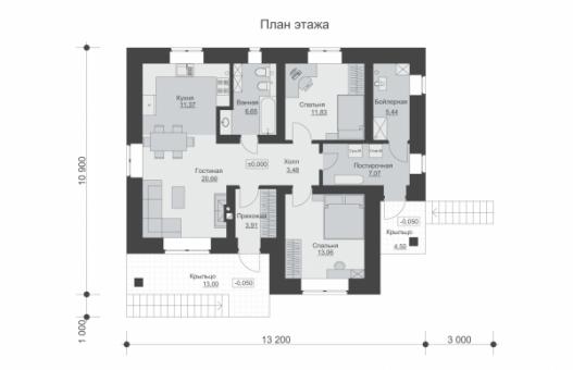 Одноэтажный дом с просторной гостиной и отделкой облицовочным кирпичом